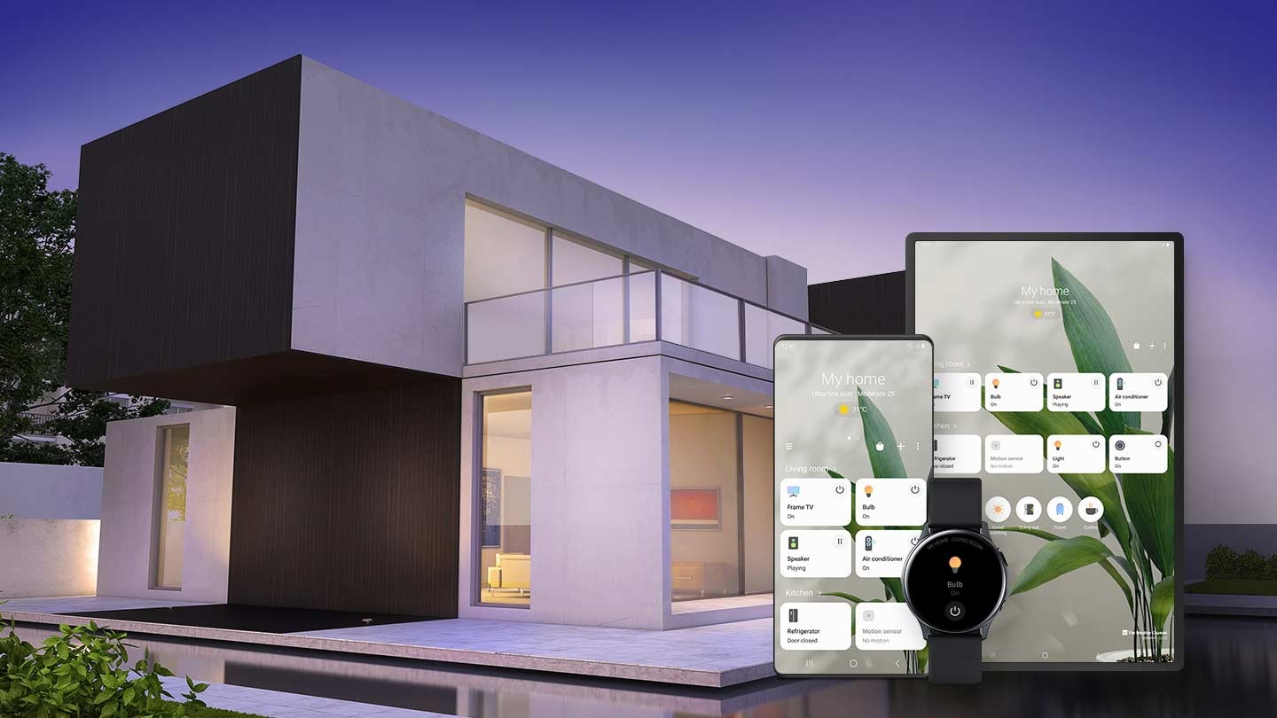 A large, modern house in the background with a Galaxy mobile, tablet, smart watch in the foreground. All 3 screens show the SmartThings GUI with options to operate various home devices.