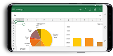 Galaxy S9 or S9+ with a spreadsheet on-screen sliding onto Samsung DeX Pad in front of a Samsung monitor