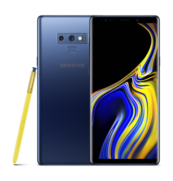 Two Ocean Blue Galaxy Note9s, one seen from the rear and one from the front, with a blue and yellow swirl design onscreen, and yellow S Pen leaning against it