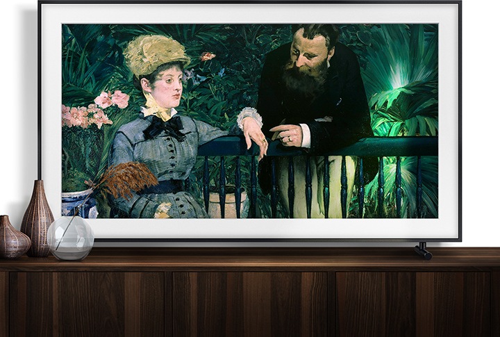 The Frame TV with Art Mode shows one of Edouard Manet's famous paintings, 'In the Conservatory' which has a story of a painter about Edouard impressionist painter.