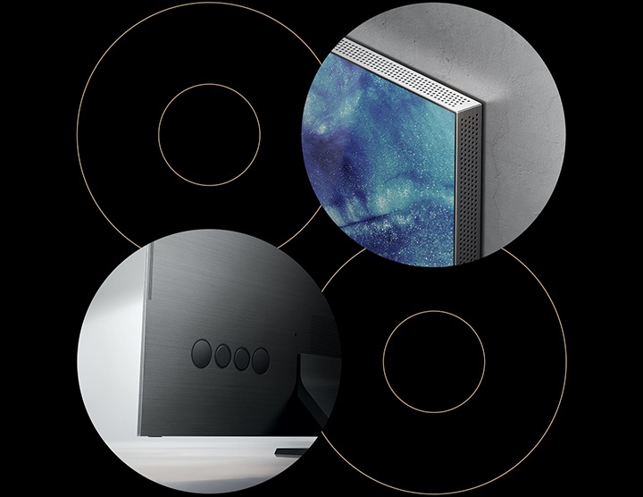 Tiny speaker holes on the 2020 QLED TV metal frame. The subwoofer placed in the 2020 QLED TV’s back panel.