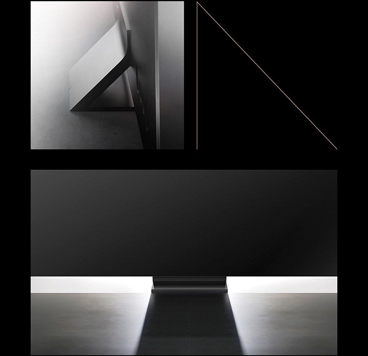 The 2020 QLED TV's stand from the back. The 2020 QLED TV's stand from the front.