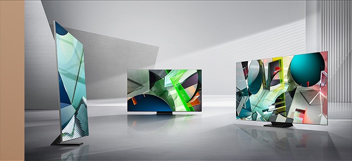 Three 2020 QLED TVs with slim design and thin bezel.