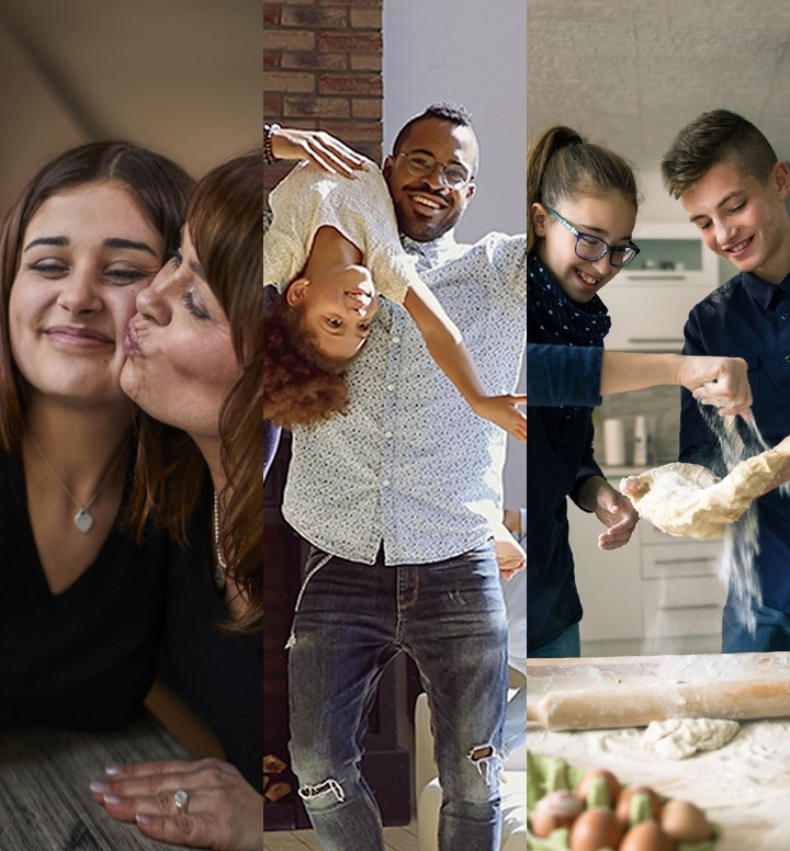 Three consecutive shots of different people at home. The first shows a mom and teenage daughter hugging while taking a selfie. The second shows a young dad dancing with his children. The third shows a teenage brother and sister having fun cooking together.