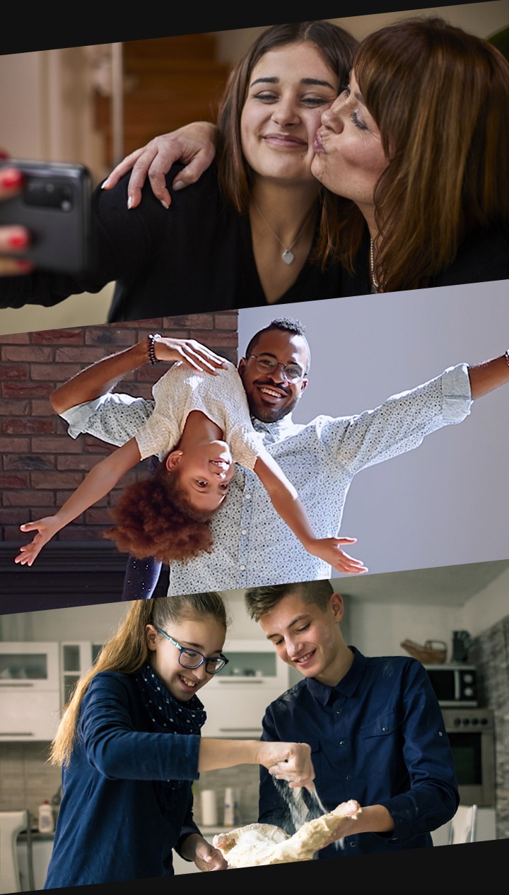 Three consecutive shots of different people at home. The first shows a mom and teenage daughter hugging while taking a selfie. The second shows a young dad dancing with his children. The third shows a teenage brother and sister having fun cooking together.