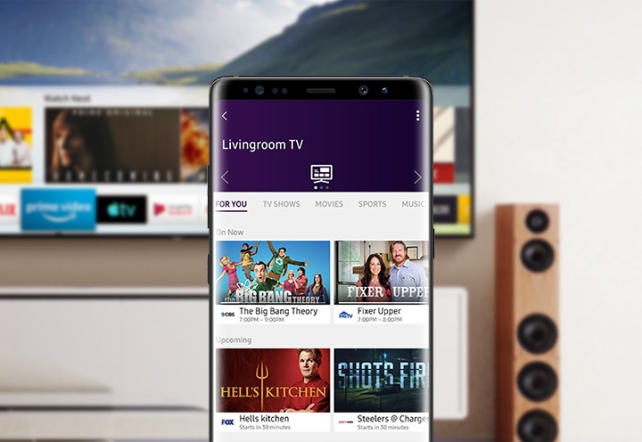 SmartThings app REMOTE page on a mobile phone; menu button on the right top is highlighted.
