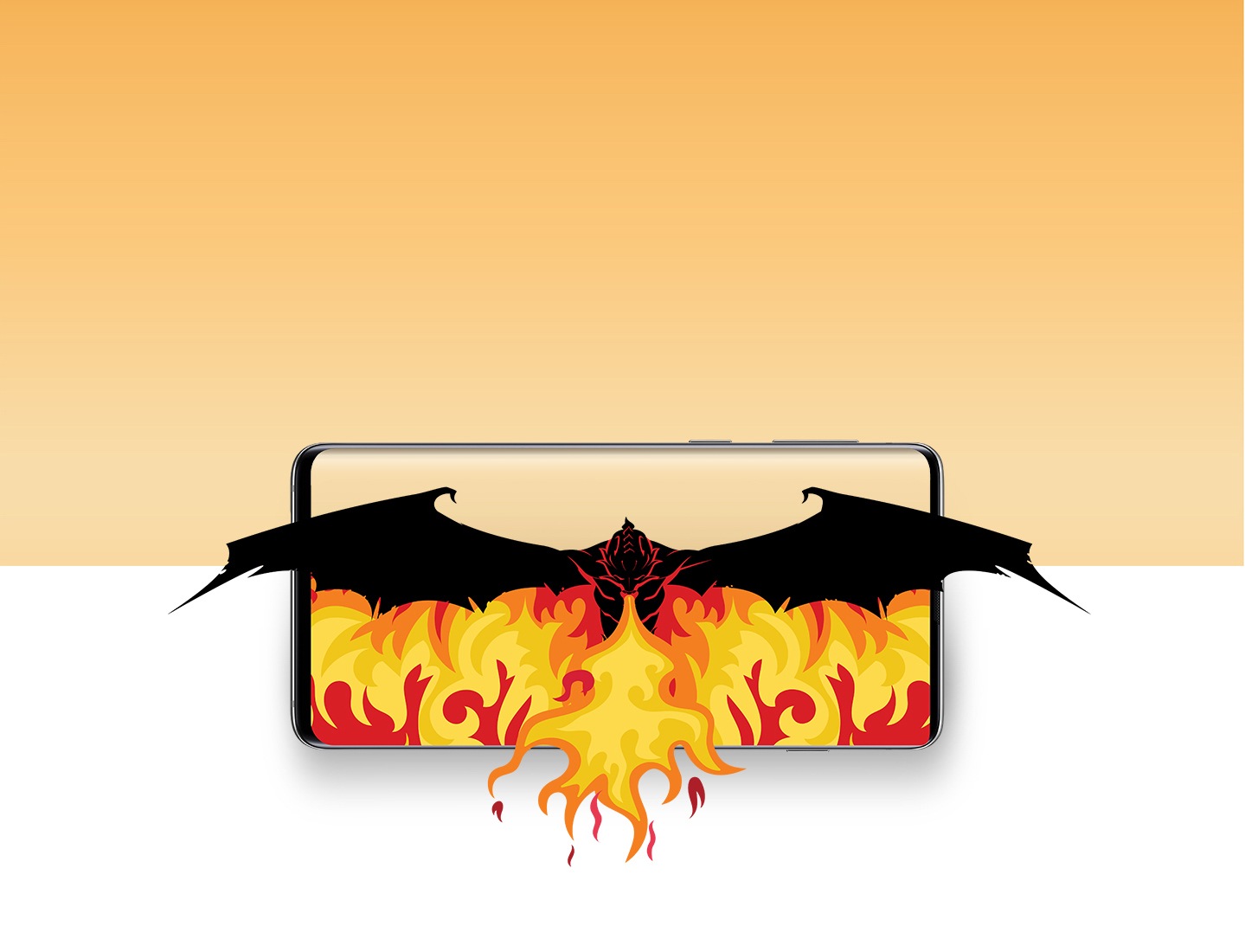 We see a black dragon flying out of a Galaxy phone, breathing fire and leaving a trail of flames behind it.