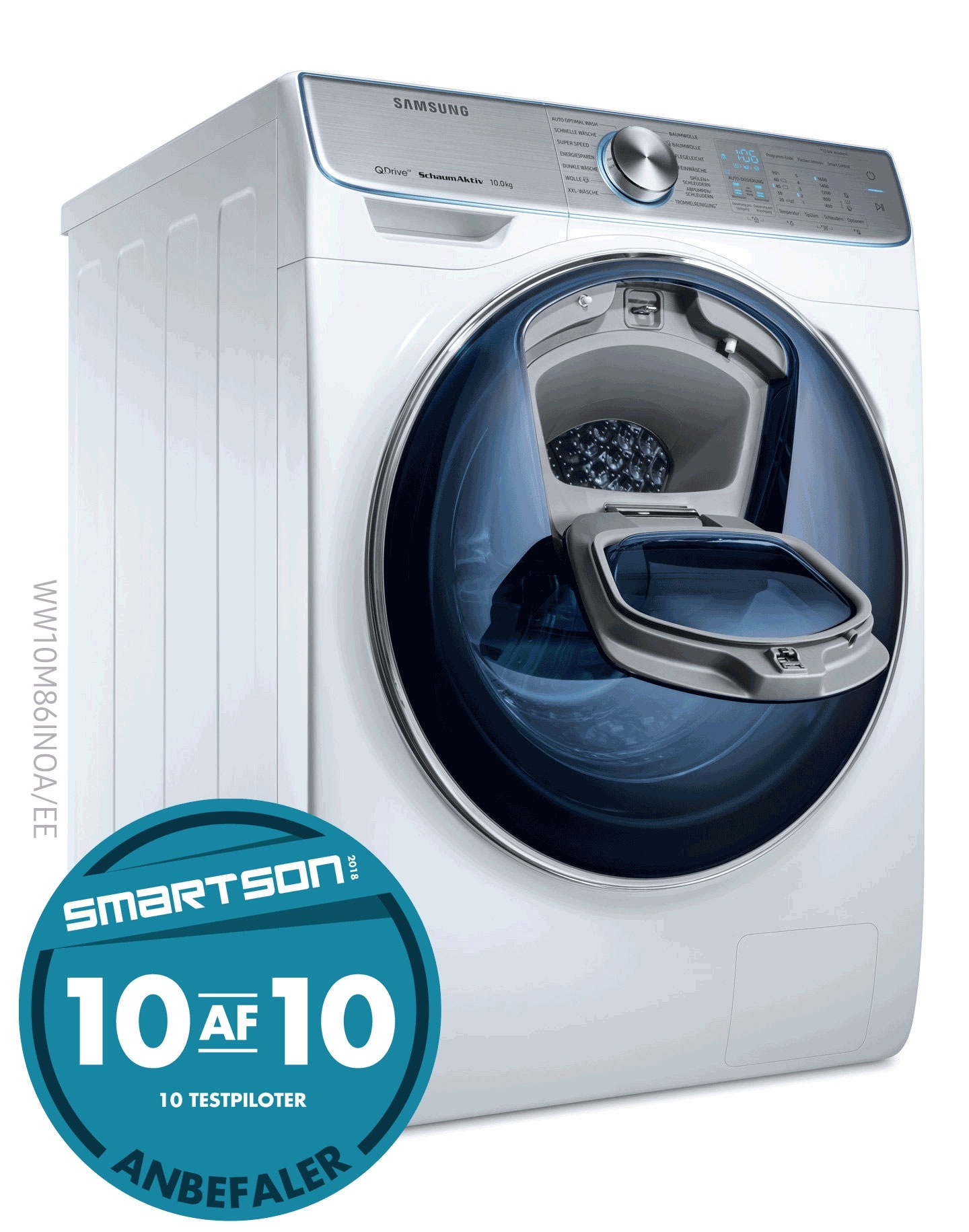 An image showing a QuickDrive device installed in an indoor setting, with text that reads "Half the Time" and "No Compromise on Washing Performance.