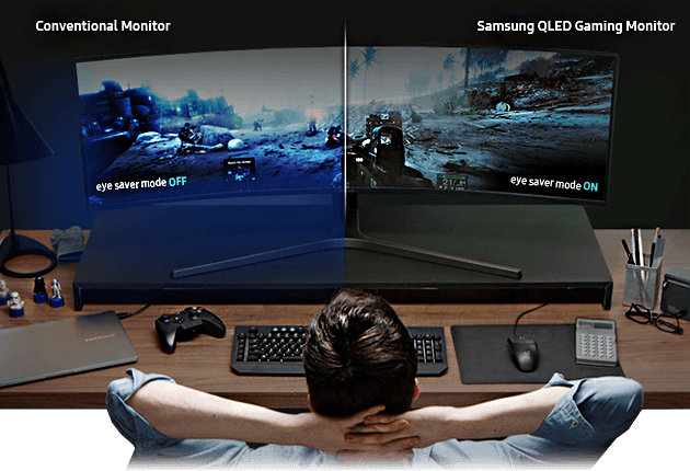 Sammenligningsbilde av vanlig bildeskjerm uten Eye Saver-innstilling og Samsung QLED Gaming Monitor med Eye Saver-innstilling.