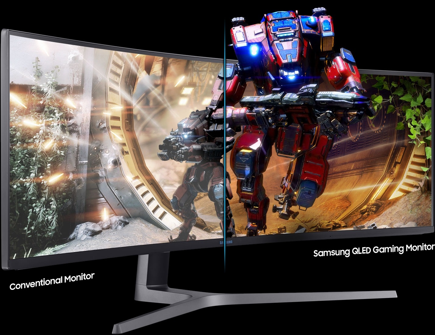 Stillbilde med sammenligning mellom en vanlig monitor og Samsung QLED Gaming-monitor med Metal Quantum Dot