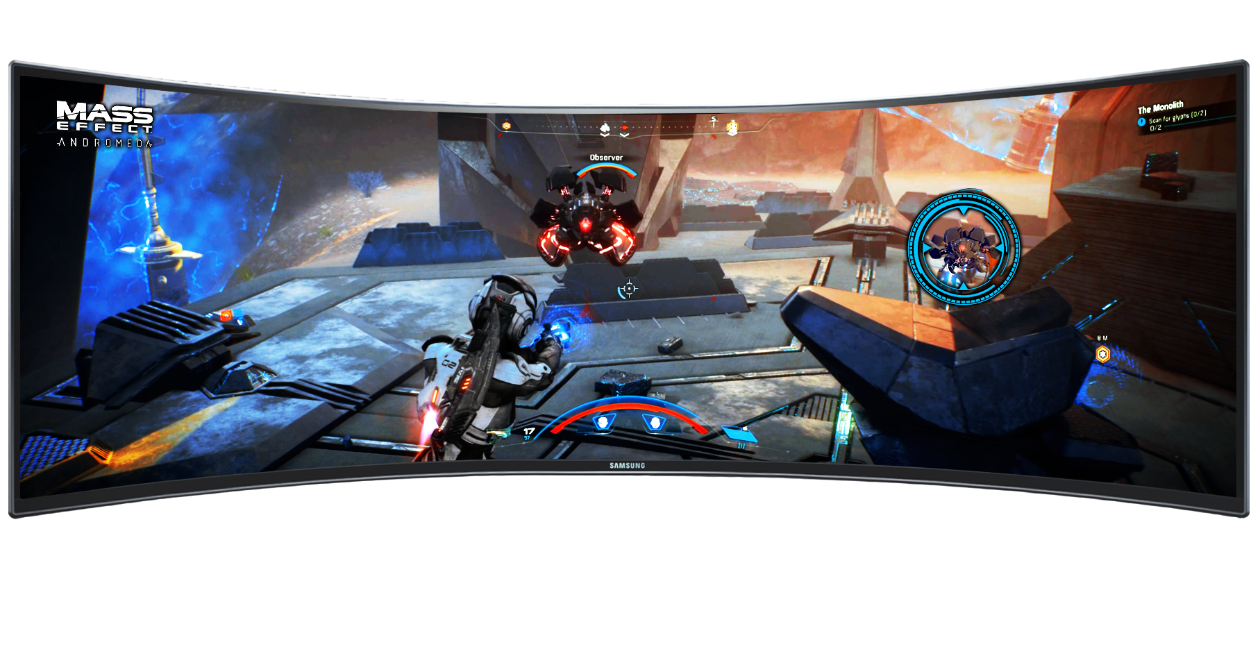 Motion image comparing conventional monitor’s 16:9 screen ratio with 32:9 of Samsung QLED gaming monitor.