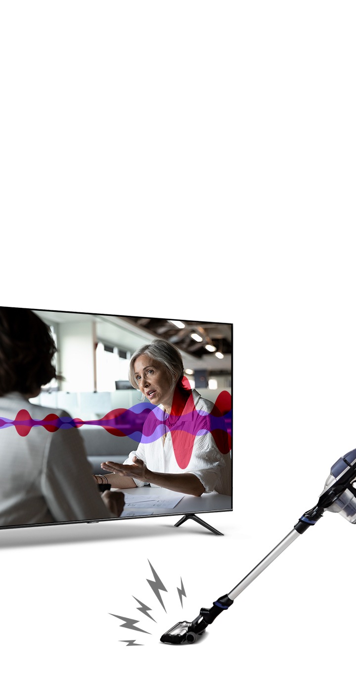 Video illustrerar effekten av Active Voice Amplifier Enljudkurva visar hur TV:n kan identifiera oljud från en dammsugare, och hur TV:n optimerar ljudet för att kunna leverera ett tydligt tal, tack vare AVA funktionen.