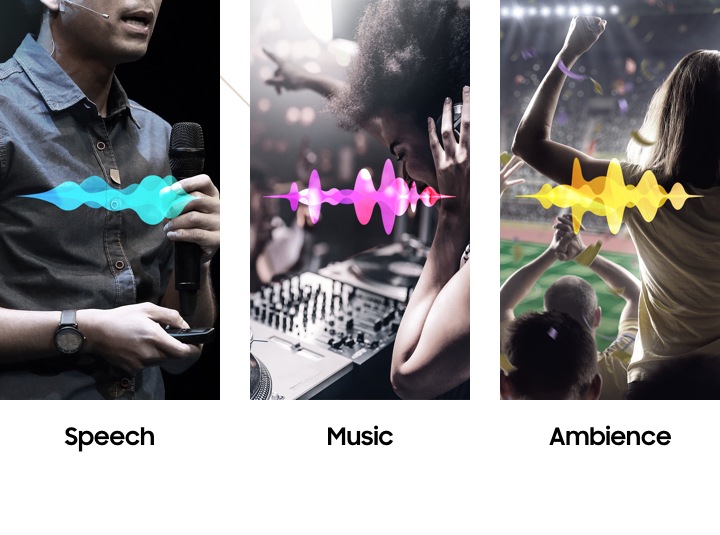 Bilder visar olika typer av innehåll; - nyheter, en konsert, och en livlig arena där ett sport evenemang äger rum. Ljudet illustreras med ljudvågor i olika färger, som symboliserar hur Adaptive Sound teknologi används för att anpassa ljudet.
