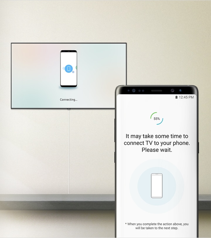 Connecting TV to mobile phone with the caption on the screen; "It may take some time to connect TV to your phone. Please wait.”