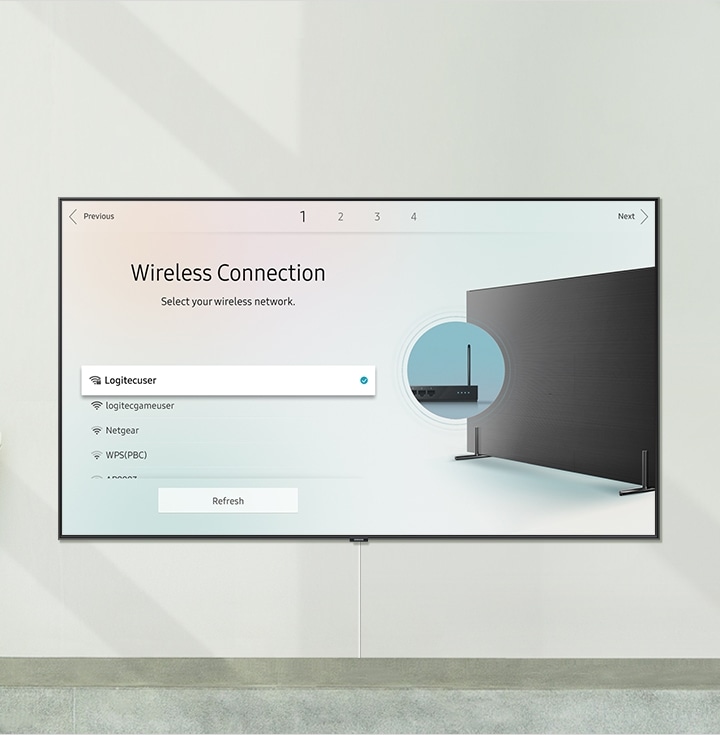 Connecting Smart TV to the wireless internet with the caption "Wireless Connection. Select your wireless network."