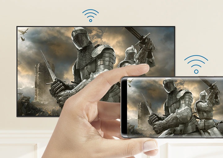 Mobile phone and Smart TV sharing the same screen with Wi-Fi icon; On the screen, two men are armed with medieval armor and hold each sword.