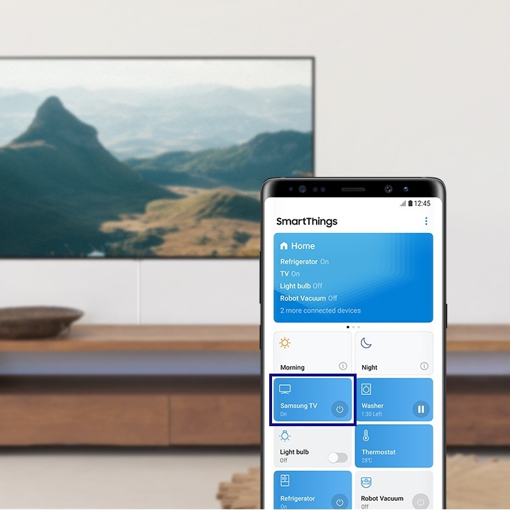SmartThings-startside på mobiltelefon med knapp for Samsung TV-knapp markert.
