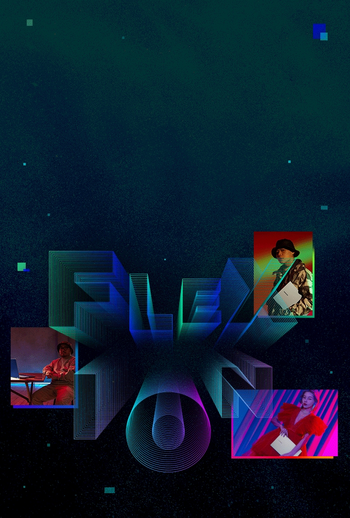 pcd:galaxybook story:learn more 갤럭시 북 별의별이야기 배너, 배경에 별들이 보이고, Flex, Ion 텍스트가 홀로그램처럼 보이고 있습니다.