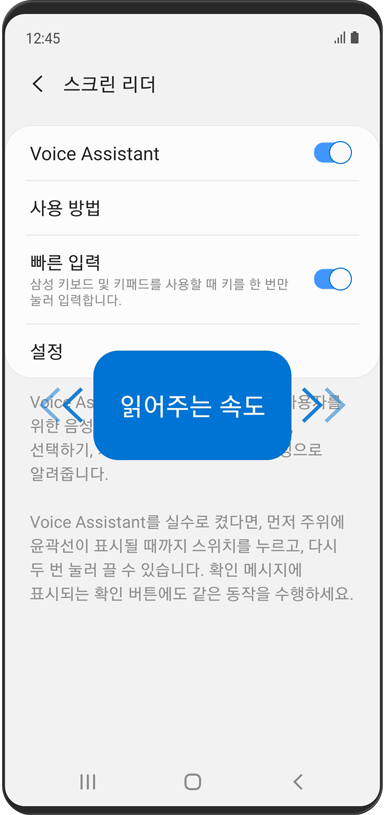 '스크린 리더' 메뉴가 표시됩니다. Voice Assistant 및 빠른 입력이 켜져있고, 읽어주는 속도가 표시되어 있습니다.