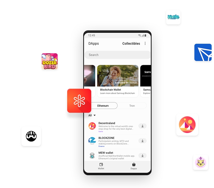삼성 블록체인 월렛 앱의 Explore Dapp 메인 화면이 표시된 갤럭시 스크린. 섬네일 및 아래 나열된 아이콘에는 가상 자산 호환성별로 사용할 수 있는 다양한 Dapp이 나열되어 있습니다. 갤럭시 스마트폰 주위에는 다양한 Dapp 아이콘들이 모여 있습니다.
