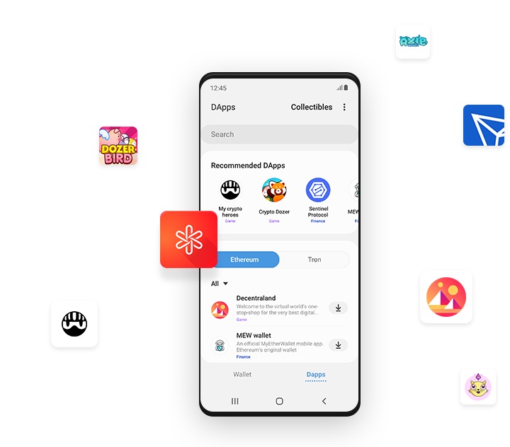 Samsung Blockchain Wallet 앱 그래픽 사용자 인터페이스 시뮬레이션 이미지. DApp 기능과 그 외에 선택 시 이용 가능한 다양한 옵션(암호화폐 호환성에 따라 권장 DApp 및 이용 가능한 DApp 제시)이 포함된 메인 화면이 표시되어 있다. 시뮬레이션된 이미지 주변에는 이용 가능한 다양한 DApp 콘텐츠에 관한 아이콘들이 위치해 있다.