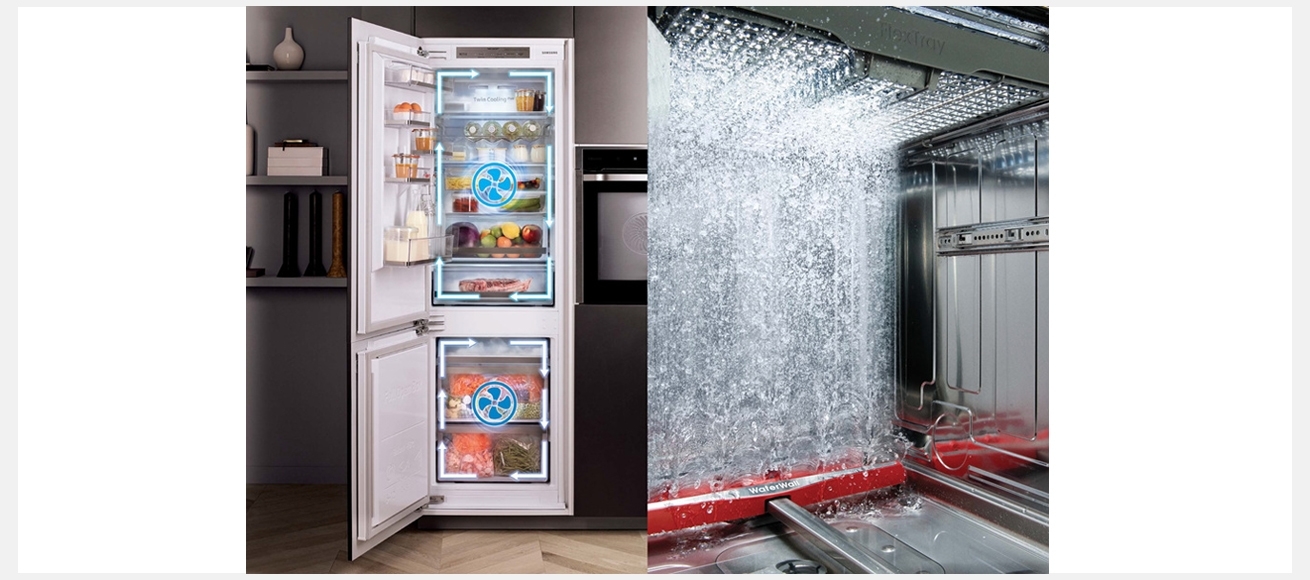 냉장과 냉동칸에 각각의 컴프레서를 탑재한 삼성 냉장고의 '트윈 쿨링' 시스템 (왼쪽)과 물장벽을 만들어 앞뒤로 움직이며 세척하는 삼성 식기세척기의 '워터월'(오른쪽) 모습