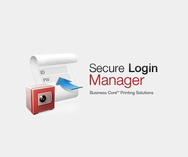 금고와 ID, PW 문구가 있는 종이 옆으로 Secure Login Manager, Business Core&trade; Printing Solutions 문구를 보여주고 있습니다.
