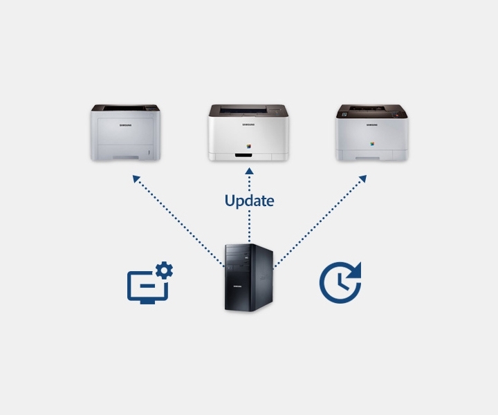 서버를 상징하는 컴퓨터 본체 양 옆으로 수리를 상징하는 아이콘과 시간을 상징하는 아이콘이 위치해 있고, 위로 3대의 각 프린터에 Update 문구와 함께 화살표로 연결되어 있는 모습을 보여주고 있습니다.