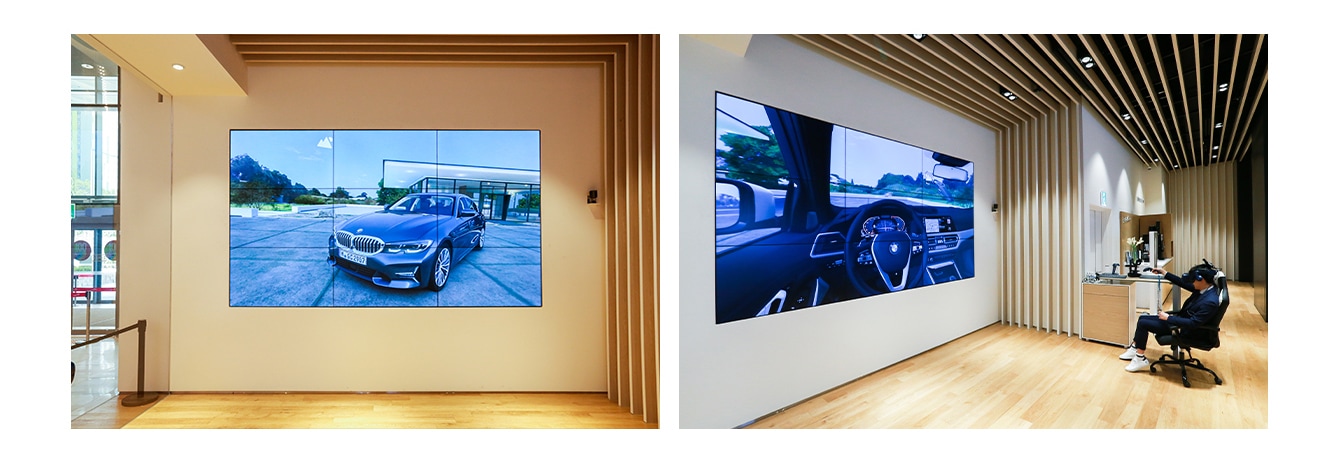 BMW 쇼룸에 삼성 스마트 사이니지 비디오월이 설치되어 있습니다