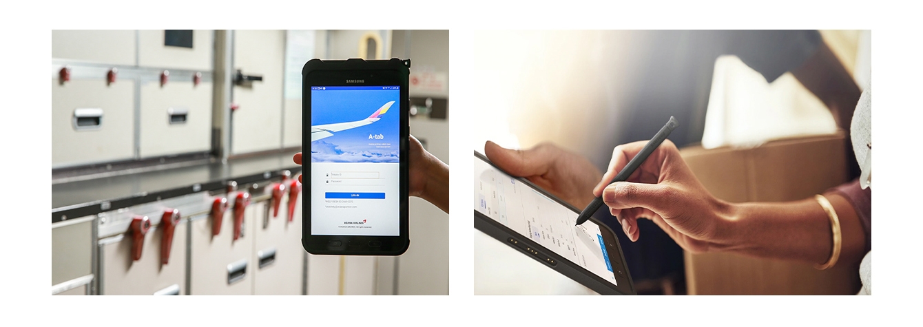 (왼쪽 이미지) 아시아나항공 스마트워크 플랫폼 접속 화면이 띄워진 갤럭시 탭을 누군가 들고있습니다 (오른쪽 이미지) 한 인물이 갤럭시탭을 스마트펜으로 조작하고 있습니다
