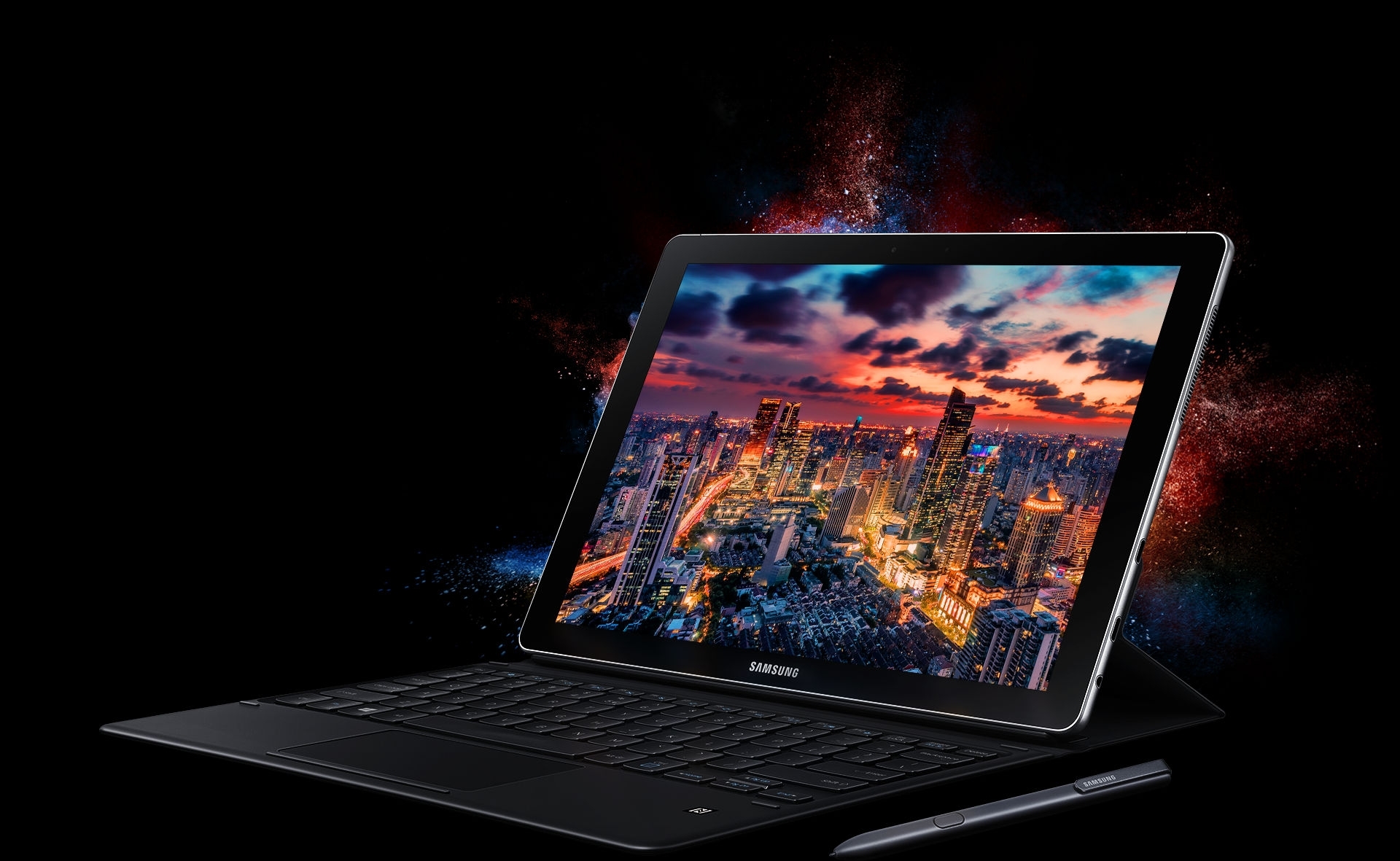 An image showing a black Samsung Galaxy Book 12 device, viewed from above and diagonally against a dark background, with its screen displaying a cityscape at night.