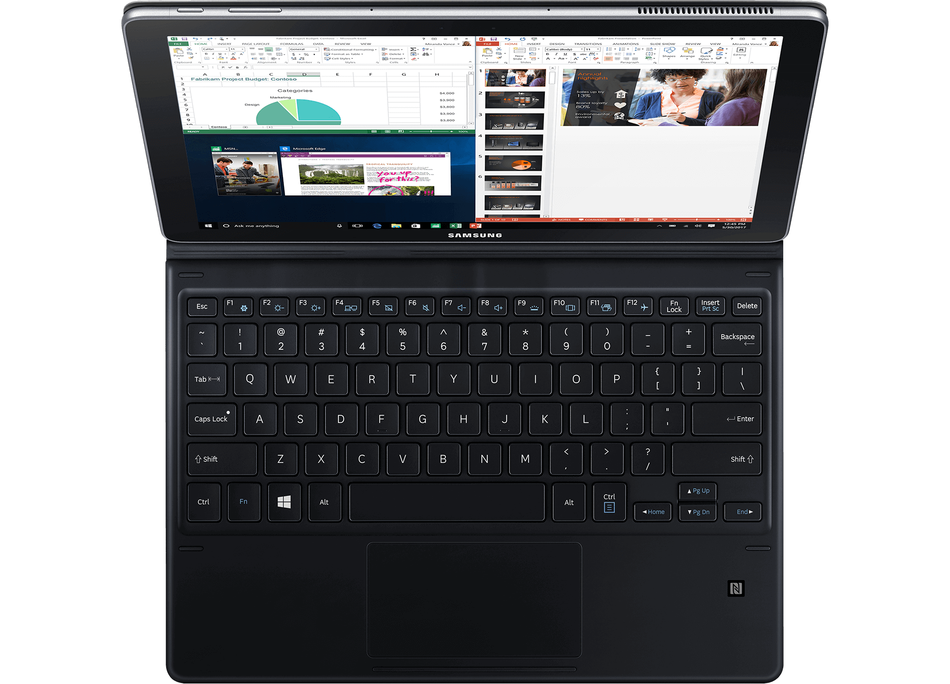 An image showing the Galaxy Book 12’s keyboard and screen, viewed from above with its cover open. Its screen shows multiple windows open, including Excel and PowerPoint files, as well as web browser windows. Its keyboard’s white-lettered keycaps are also visible.