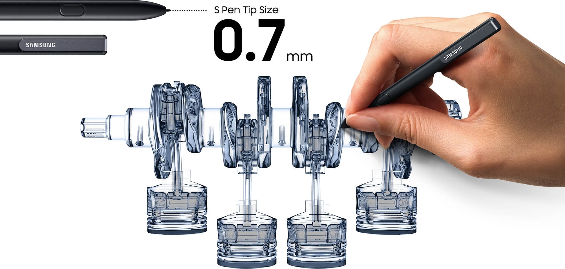 An image of a user’s hand creating an engineering blueprint using the S Pen. The product image is also visible, and an accompanying piece of text reads: “S Pen Tip Size 0.7mm.”