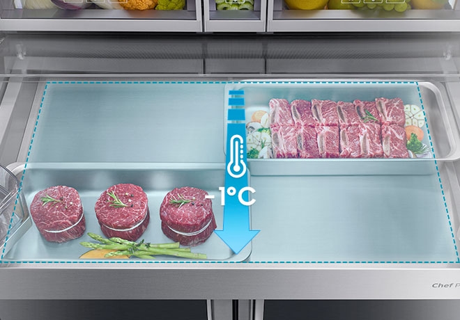 냉장고 속 냉각기에서 멀어질수록 온도가 높아지는 현상을 표현한 이미지