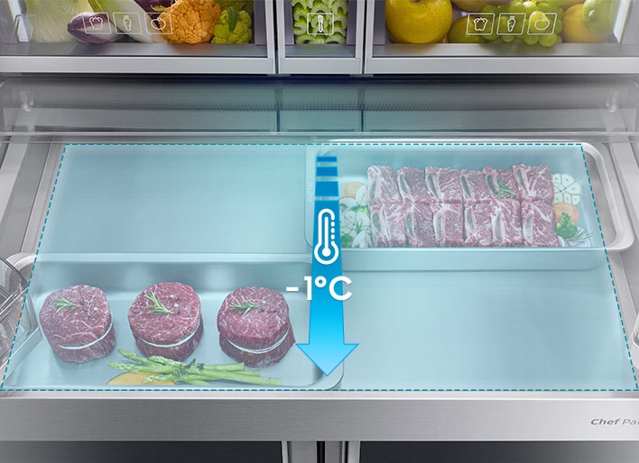 냉장고 속 냉각기에서 멀어질수록 온도가 높아지는 현상을 표현한 이미지