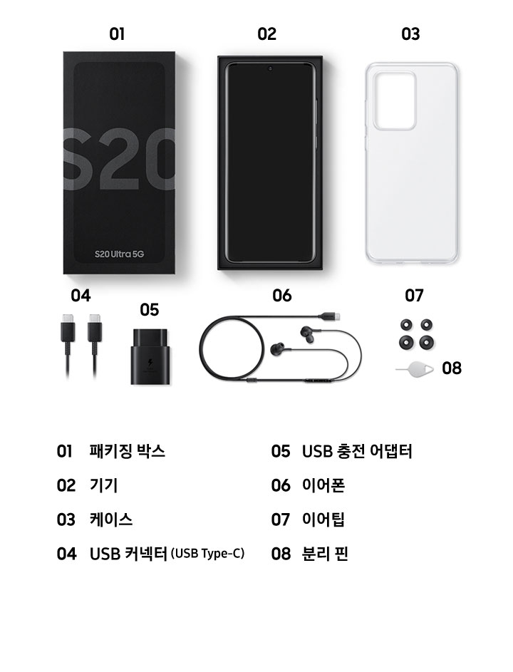 갤럭시 S20 5G 제품 기본 구성품 패키징 박스, 기기, 케이스, USB 커넥터 (USB Type-C), USB 충전 어댑터, 이어폰, 이어팁, 분리 핀 이미지