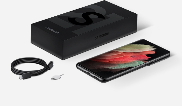 갤럭시 S21 울트라 5G 팬텀 블랙 기기, 이어폰, USB 커넥터, 분리핀 이미지