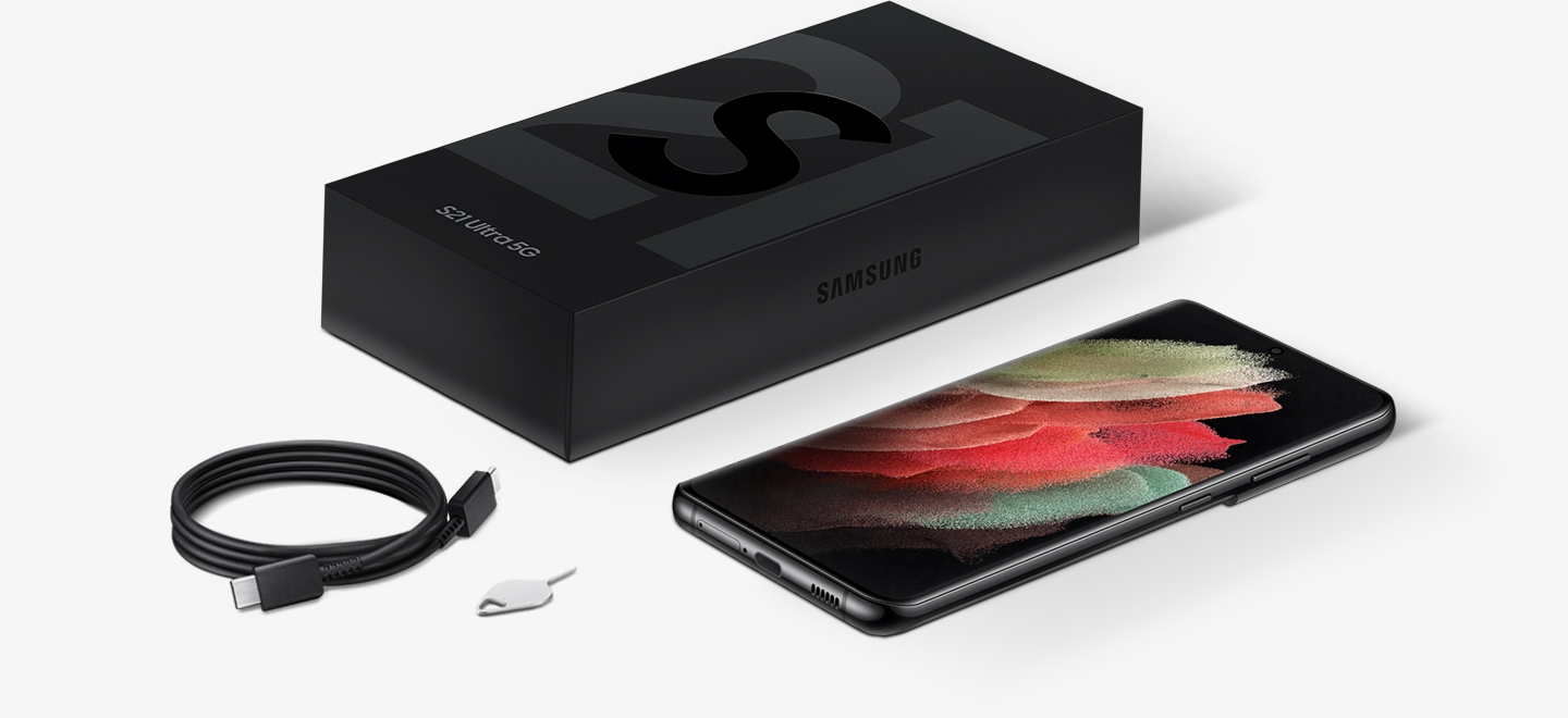 갤럭시 S21 울트라 5G 팬텀 블랙 기기, 이어폰, USB 커넥터, 분리핀 이미지