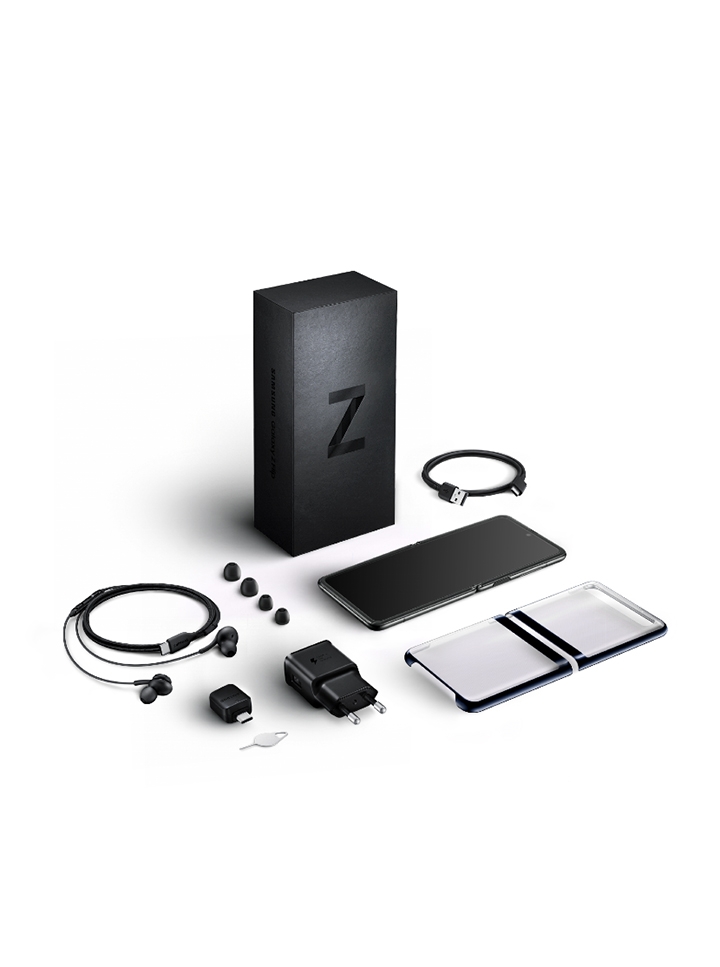 갤럭시 Z 플립 제품 기본 구성품(패키징 박스, 기기, 투명 케이스, USB 커넥터(USB Type C), USB 충전 어댑터, 이어폰, 이어팁, 분리 핀)