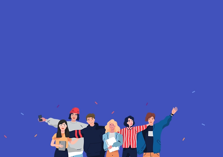 갤럭시 제품을 들고 어깨동무를 하고 있는 대학생 일러스트