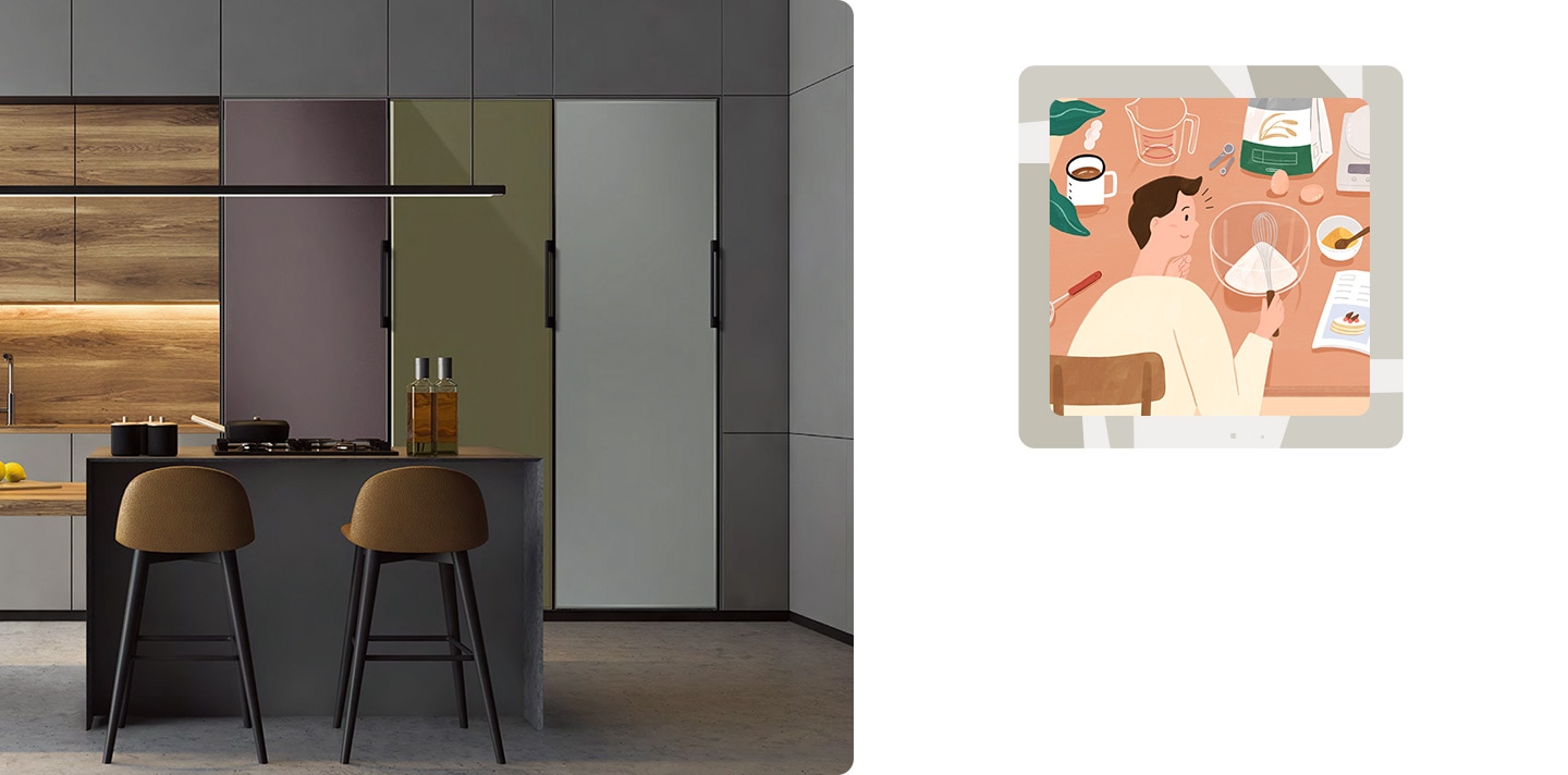 차분하고 세련된 주방에 비스포크 1도어 냉장고 세 대가 설치되어 있는 모습입니다. 나무로 된 식탁에 앉은 남성이 요리책을 보며 베이킹하고 있는 일러스트 이미지입니다.