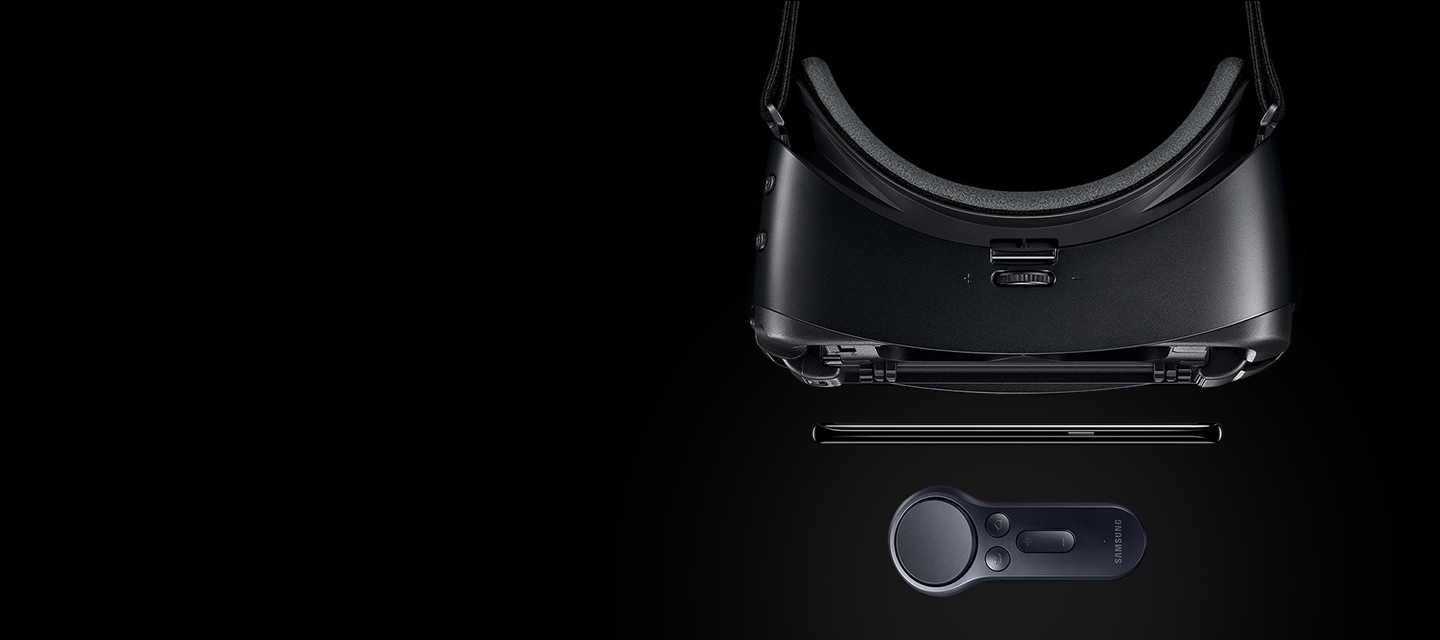 기어 VR 제품 및 컨트롤러 제품의 상단 뷰입니다.
