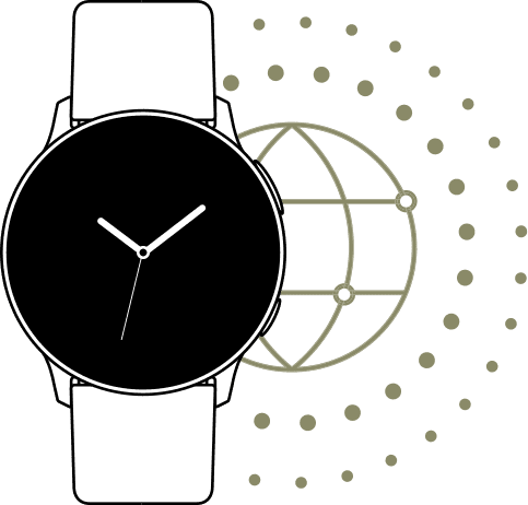 A line drawing of a Galaxy Watch active2 watch with a faint globe icon just behind indicating that it can be set up for use in multiple countries throughout the world.