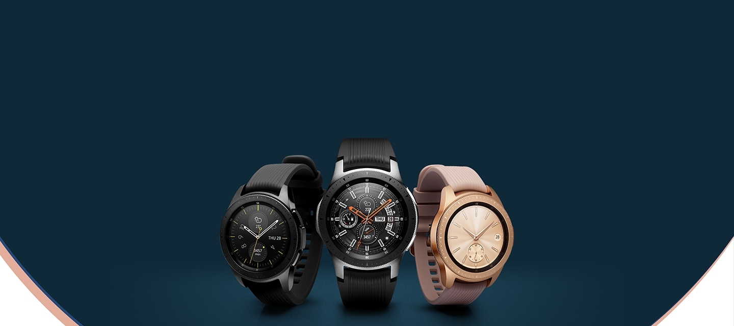 갤럭시 워치 42 mm 미드나잇 블랙 색상, 46 mm 실버 색상, 42 mm 로즈골드 색상 제품 이미지