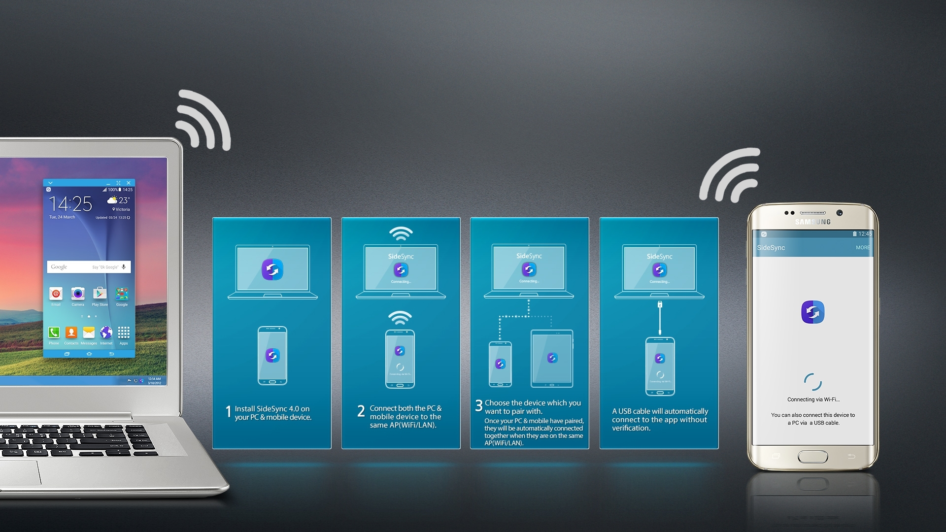 1. Install SideSync 4.0 on your PC & mobile device. 2. Connect both the PC & mobile device to the same AP(WiFi/LAN).
3. Choose the device which you want to pair with. Once your PC & mobile have paired, they will be automatically connected together when they are on the same AP(WiFi/LAN).
4. A USB cable will automatically connect to the app without verification
