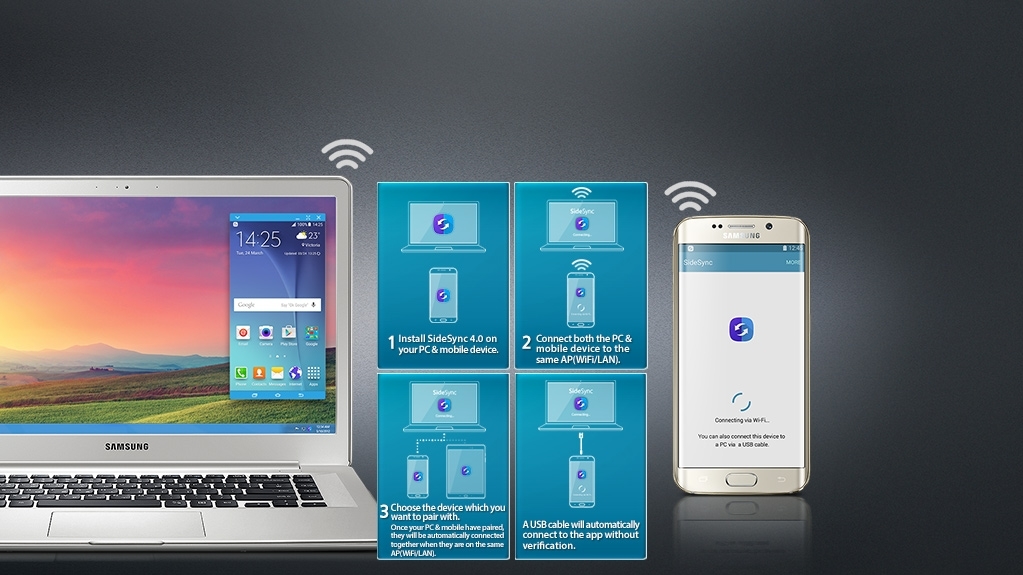 1. Install SideSync 4.0 on your PC & mobile device. 2. Connect both the PC & mobile device to the same AP(WiFi/LAN).
3. Choose the device which you want to pair with. Once your PC & mobile have paired, they will be automatically connected together when they are on the same AP(WiFi/LAN).
4. A USB cable will automatically connect to the app without verification