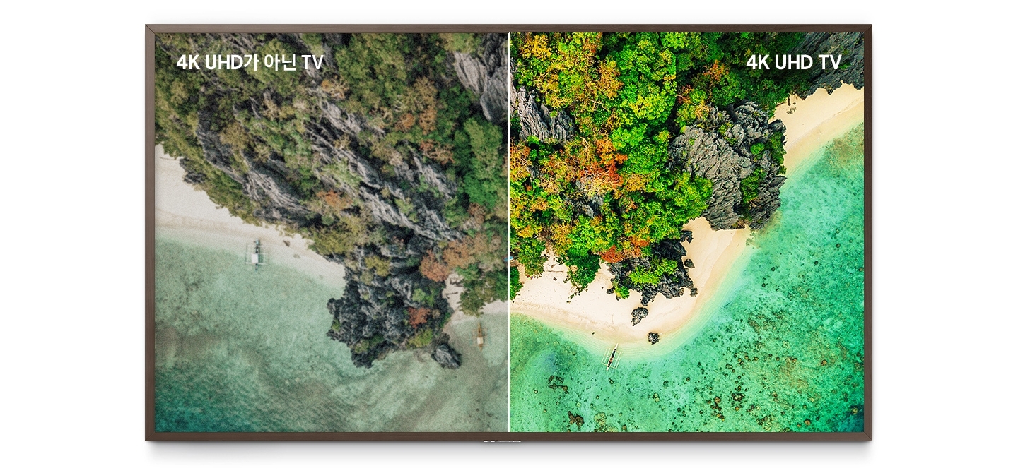 The Frame displaying a natural landscape photograph, with a side-by-side comparison of 4K UHD and Samsung conventional TV’s.