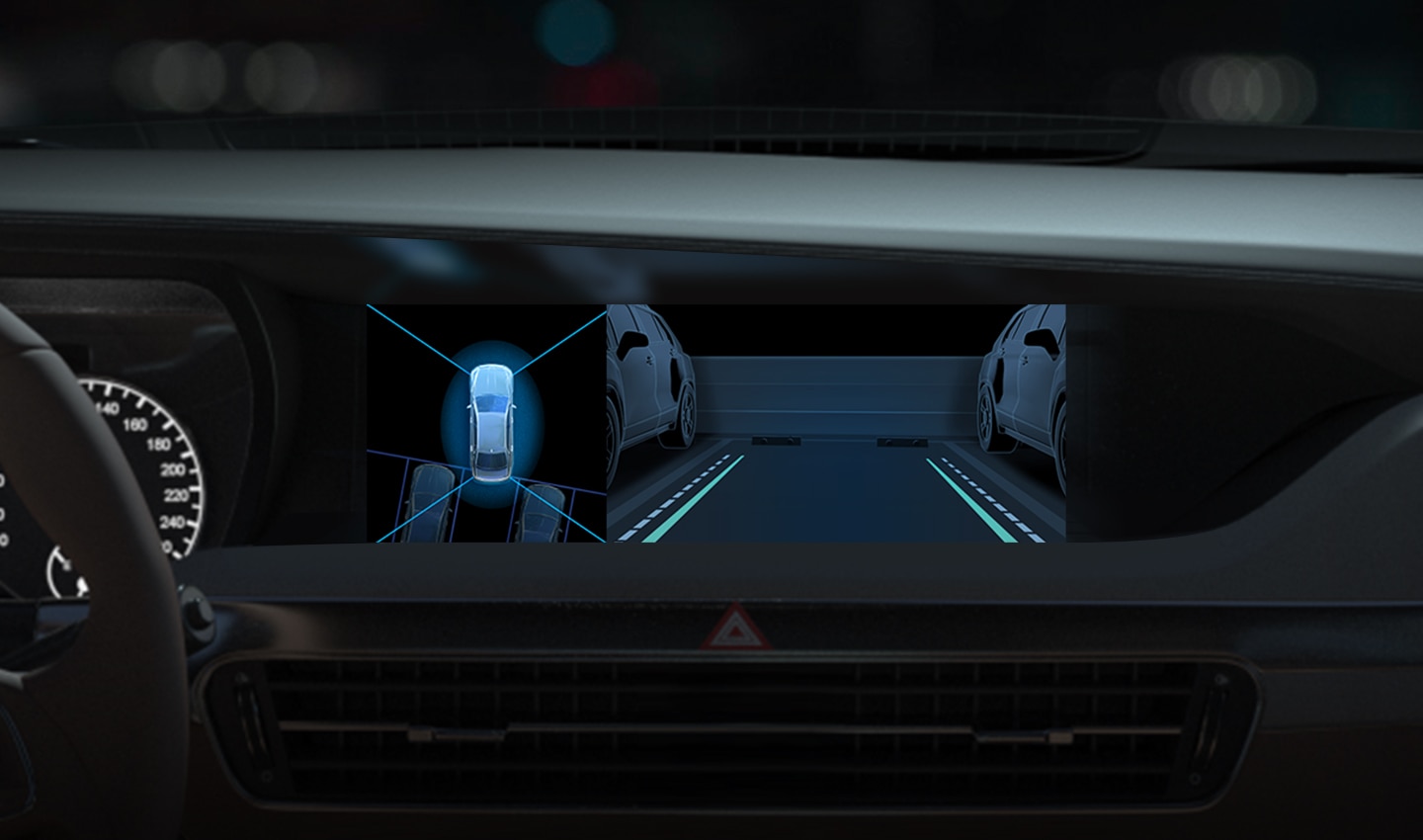 An image showing a vehicle parked through a surround view monitor.