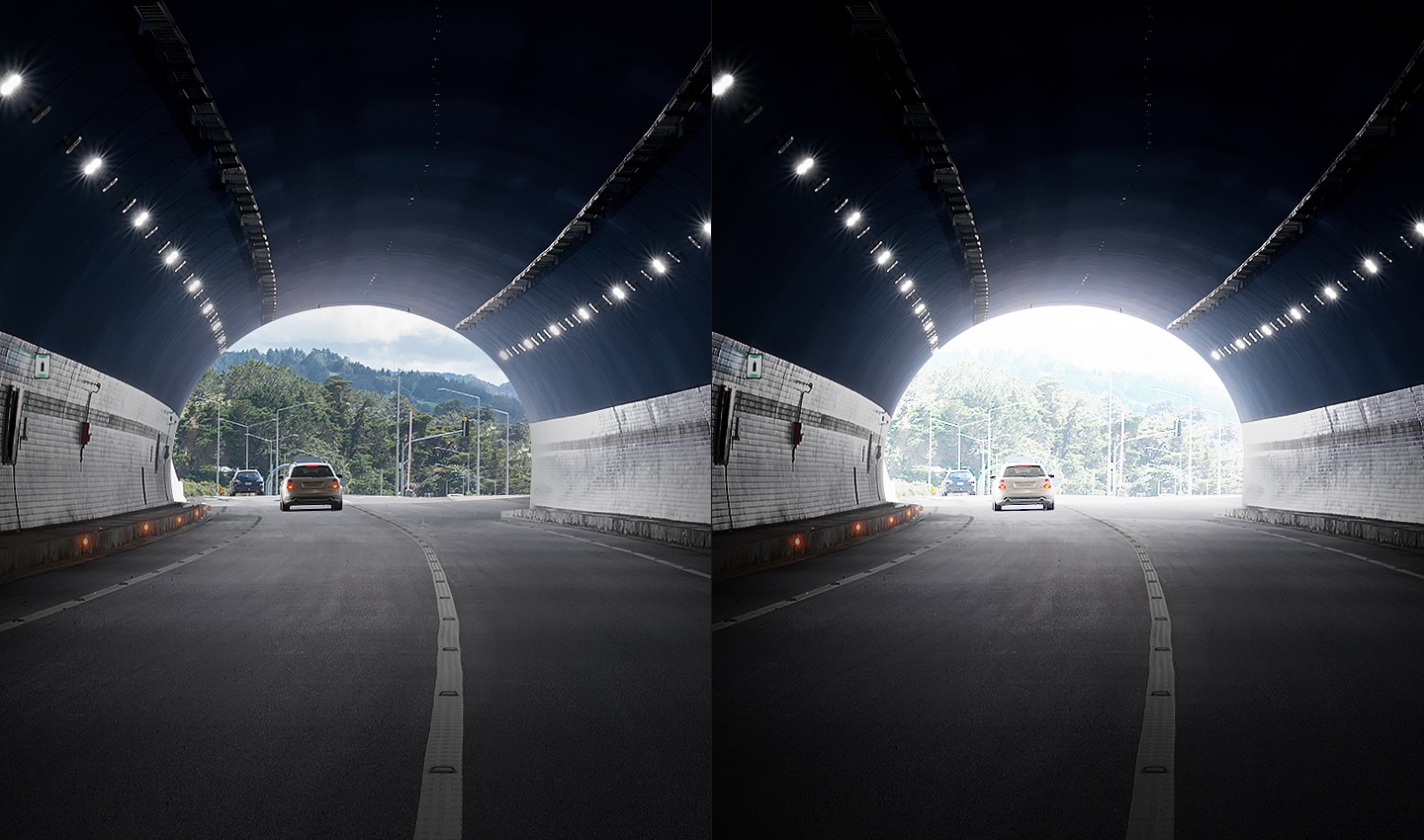这是一张一分为二并进行对比的图片。左图中隧道外的景象十分清晰，而右图中隧道外的景象较为模糊。