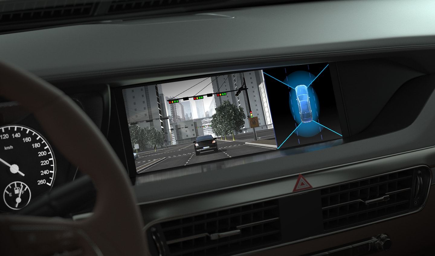 An Image illustrating LED flicker mitigation through in-vehicle surround views.
